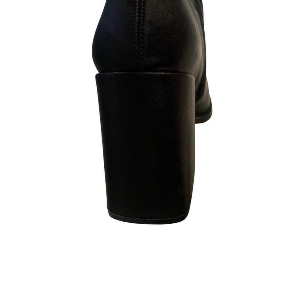 PLT Black Square Toe Block Heel Knee High Boots 7 & 8 PU Leather Biker Rocker